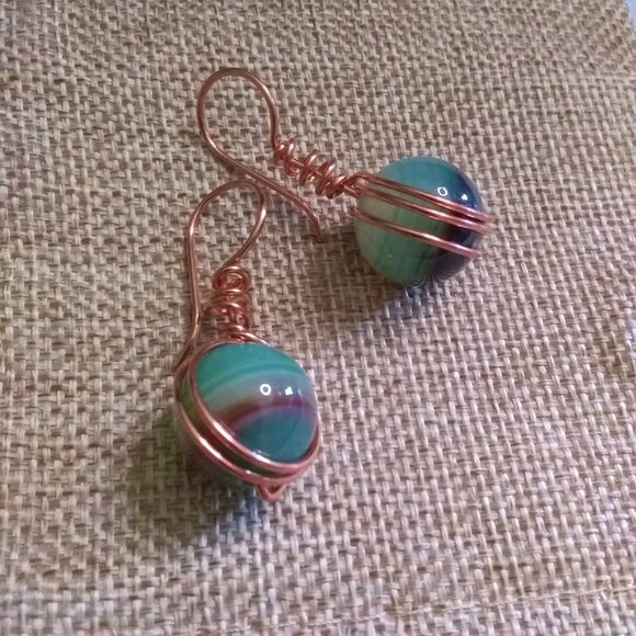 One-of-a-Kind!!! Green & Brown Banded Agate Spheres ~ Copper Wrapped Earrings - Picture 2 of 13